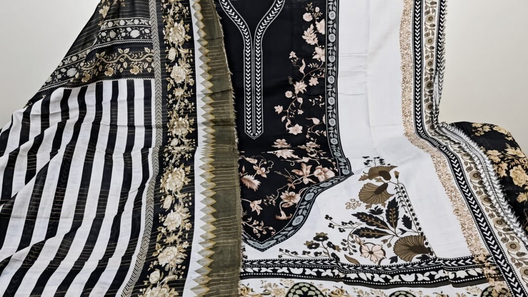 Black Pakistani Textured Cotton Three Piece