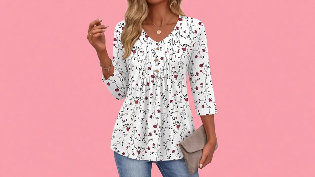 Ekouaer 3/4 Length Sleeve Womens Tops floral V-neck blouse