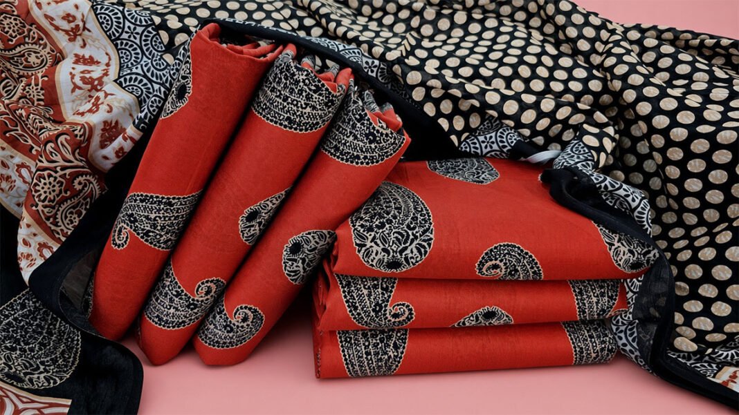 Pakistani Three Piece Dress in red with black and white paisley design